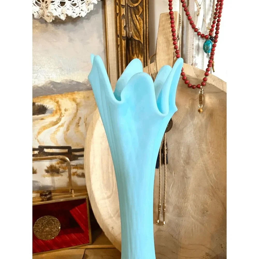 Vintage Fenton Stretch Swung Blue Satin Custard Milk Glass Diamond Pattern Vase